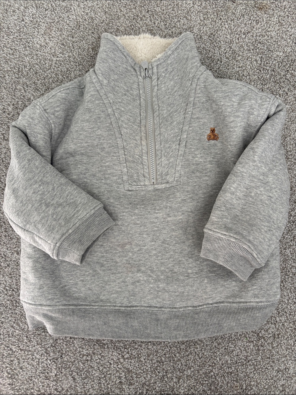 GAP Light Gray Sherpa-Lined Quarter-Zip Sweatshirt with Brown Teddy Accent